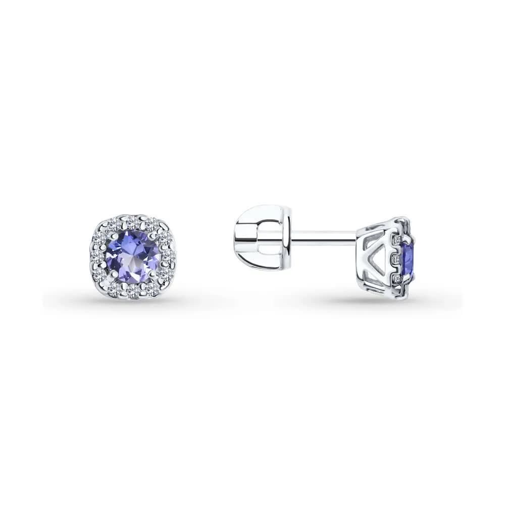 Серьги из серебра с танзанитами и фианитами