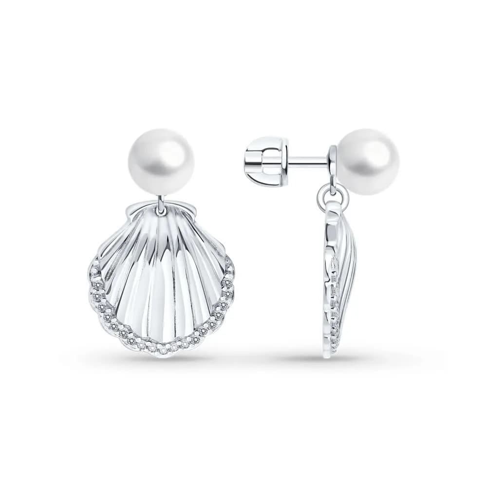 Серьги из серебра с синтетическим жемчугом и фианитами