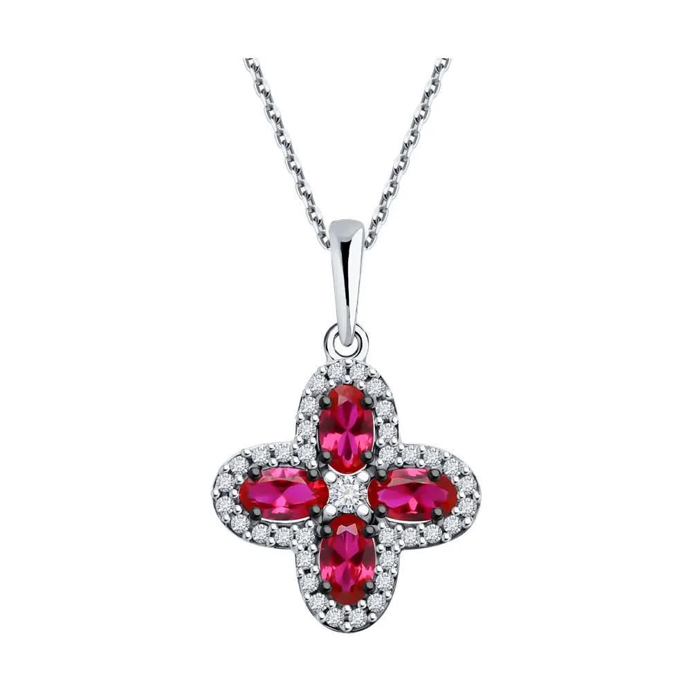 Подвеска из серебра с корундом рубиновым (синт.) и фианитами