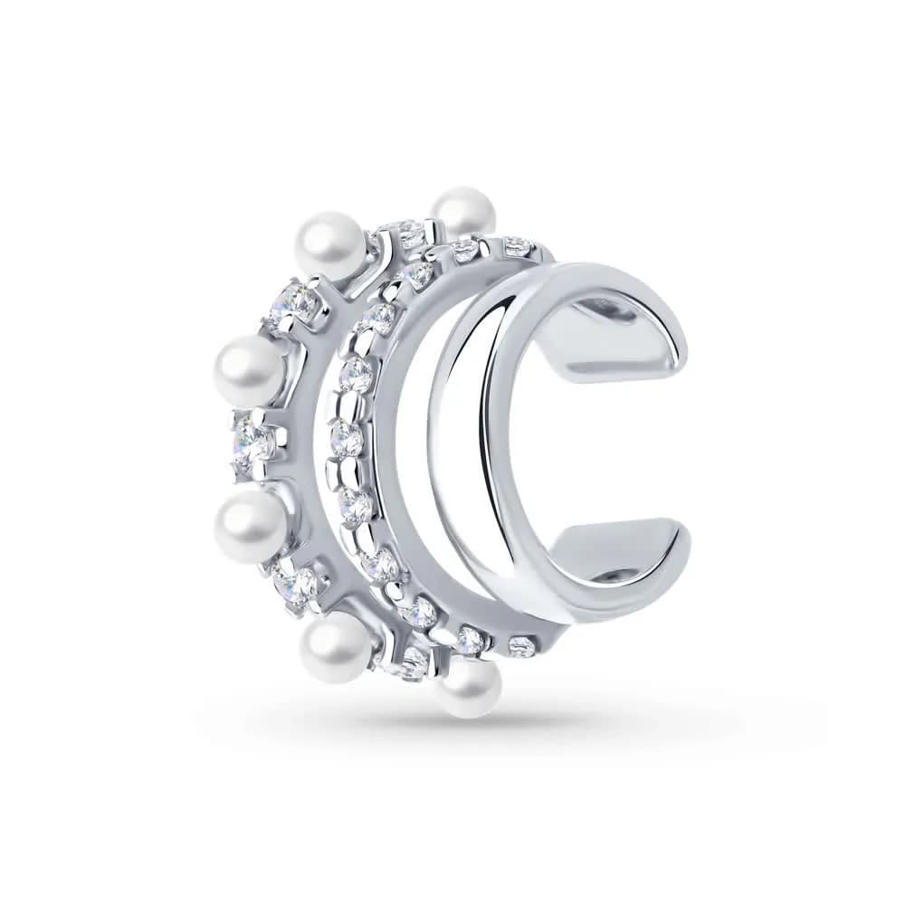 Серьга из серебра с жемчугом и фианитами